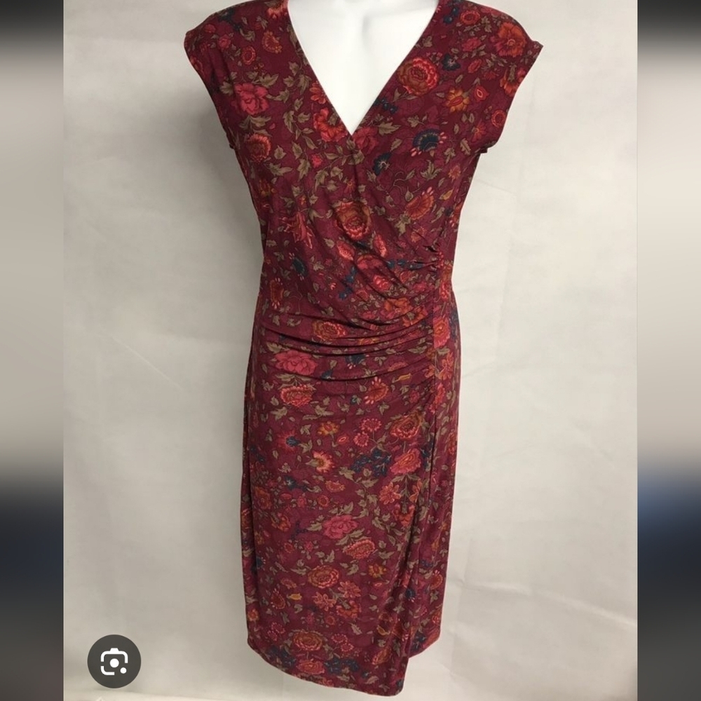 Ralph Lauren Red Floral Low Cut Fitted Midi Dress Thanksgiving-can Do Fast Ship